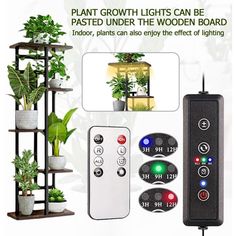 there are plants and remote controls on the shelf in front of the planter stand