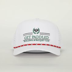 the get paddled baseball cap is white and has red braiding around the peak