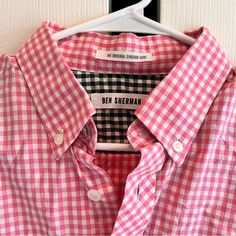 Ben Sherman Button Up Size M Pink Gingham Pattern With Green Gingham On The Inside Nwot Pink Everyday Shirt With Button Closure, Everyday Pink Shirt With Button Closure, Pink Button-closure Shirt For Everyday, Green Gingham, Gingham Pattern, Pink Gingham, Casual Shirts For Men, Button Down Shirts, Casual Button Down Shirts