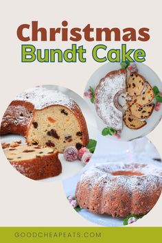 christmas bundt cake recipe with pictures of it and the words, christmas bundt cake