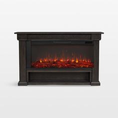 an electric fireplace with red flames in the center and dark wood frame, against a white background