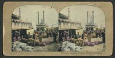 an old photo of people standing in front of a train station