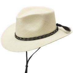 ↑ Click above to watch the video! ↑ Adventure Outback is a safari-style fedora with a blocked reinforced teardrop crown that features a stiffened western-style medium brim, a plush absorbent sweatband, an adjustable premium leather chinstrap (finished with Oil Wax), and a genuine handcrafted horsehair hatband that surrounds the crown. Designs of the hatband may vary due to the unique handwoven process. The brim is fixed down in the front and back while containing a wire to hold its shape. This i Classic Adjustable Panama Hat For Ranch, Summer Western Felt Hat With Flat Crown, Western Felt Hat With Flat Crown For Summer, Western Style Summer Felt Hat With Flat Crown, Adjustable Short Brim Panama Hat For Ranch, Adjustable Panama Hat With Curved Brim For Ranch, Classic Summer Felt Hat For Rodeo, Adjustable Curved Brim Panama Hat For Ranch, Classic Felt Hat For Summer Rodeo