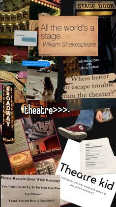 an advertisement for shakespeare's the theatre kid with many different types of words and pictures