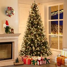 a living room with a christmas tree and presents