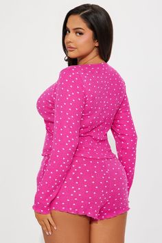 Available In Hot Pink. 2 Piece PJ Set All Over Heart Pattern Ribbed Long Sleeve Top Cinch Up Front Lettuce Edge Matching Short Elastic Waistband Final Sale Disclaimer: Pattern Print Placement May Vary 97% Polyester 3% Spandex Imported | Love You More Ribbed PJ Short Set in Hot Pink size 3X by Fashion Nova Hot Lounge Wear, Sleeping Clothes, Pajama Short Set, Hot Pink Fashion, Lovely Princess, Pajama Short, Ribbed Long Sleeve Top, Cute Pjs, Pj Shorts