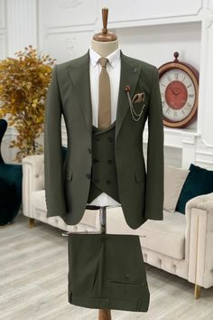 Allaboutchic also accepts custom measurement. So if you want the suit with your own size, please contact us. Color: Dark Green Button: Single Breasted Occasion: Prom, Wedding, Business Neckline: Peaked Lapel Material: Polyester & Polyester Blend Pattern: Solid Piece: 3 Piece Pocket: With Flap Best Groom Suits, Slim Fit Groom Suit, Green Suit Men, Olive Green Suit, Green Wedding Suit, Wedding Suits Groom, Green Suit, Prom Suits, Plaid Suit