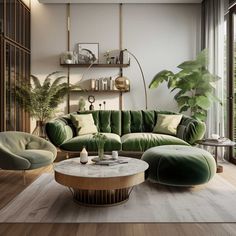 an elegant living room with green velvet furniture and plants on the wall behind the couch