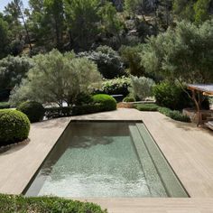 an outdoor pool surrounded by trees and bushes