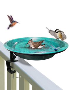 two birds flying over a bird bath on a balcony railing next to a white fence