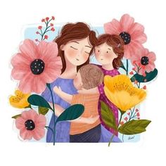 a mother and her two children hugging each other in front of pink flowers on a white background