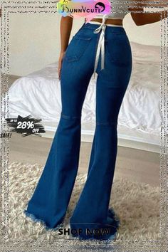 Women Spring Blue Flare Pants High Waist Zipper Fly Solid Fringed Full Length Regular Pants Ripped Female, Cute Flared Jeans, Elastic Jeans, 28 Inch Waist, Flare Leg Jeans, Jeans Online, Leg Design, Denim Flares, Denim Trousers