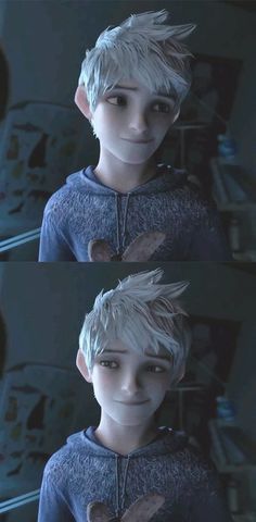 two images of a boy with white hair and blue eyes, one has his hands on his chest