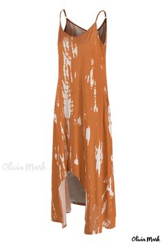 Olivia Mark - Stylish Womens Asymmetrical Dress with Blue Floral Print and Patchwork Design, featuring Spaghetti Straps Orange Asymmetrical Summer Dress, Casual Irregular Maxi Dress For Spring, Summer Casual Irregular Maxi Dress, Casual Irregular Maxi Dress For Summer, Casual Maxi Dress With Handkerchief Hem, Dress Weights, Pencil Skirt Dress, Dress Sleeve Styles, Irregular Hem