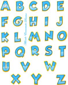 the letters are blue and yellow with white dots on them, as well as an uppercase