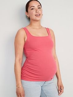 Squared neckline; sleeveless.  Shirred sides for a comfortable, flexible fit.  Soft lightweight jersey, with stretch.  #576756 Fitted through body.  Maternity tank top hits below belly.  Model is approximately 5'9" and wears a size M (numeric size 8) Casual Pink Square Neck Tank Top, Versatile Fitted Tops With Wide Straps, Fitted Pink Square Neck Tank Top, Square Neck Tank Top, Maternity Tank Tops, Old Navy Maternity, Top Hits, Pregnant Belly, Womens Maternity