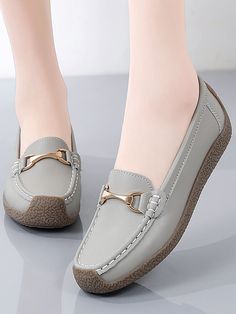 Grey Fashionable Collar   Plain Loafers Embellished   Women Shoes Comfy Flats, Spring Wear, Grey And Beige, Grey Women, Womens Clothing Sizes, Loafers For Women, Womens Flats, Denim Women, Loafer Flats