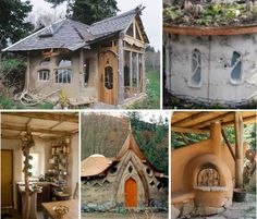 several pictures of different houses made out of clay and cements, including a house with a garden