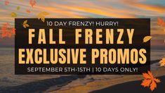 fall frenzy flyer with leaves blowing in the wind and sunset on the beach