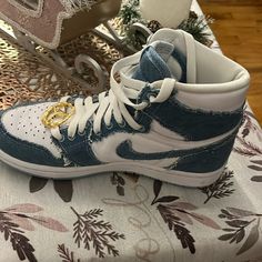 Jordan 1’s Excellent Condition, Colors Blue, White And Gold Size 6 Jean Material Jean Jordan 1s, Denim Blue High-top Sneakers, Blue Denim Lace-up Sneakers, White Denim Sporty Sneakers, Blue Lace-up Custom Sneakers, Tenis Nike Jordan, Shoes Jordan 1, Jean Material, Shoe Wishlist