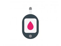 a blood test device with a drop of blood on the screen and an arrow pointing to it