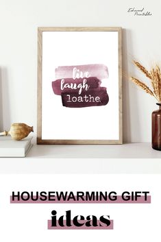 a poster with the words housewarming gift ideas on it next to some vases and