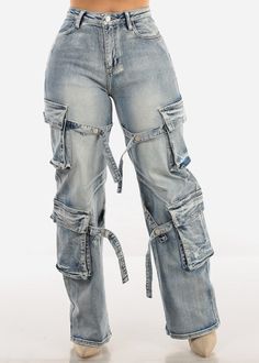 High Waisted Straight Wide Leg Cargo Jeans Acid Wash Wide Leg Cargo Jeans, Utility Jeans, Cargo Jeans, Acid Wash, High Jeans, Stretchy Material, Zip Ups, High Waist, Wide Leg