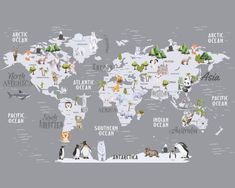 the world map with animals and their names in white on a gray background, showing different locations