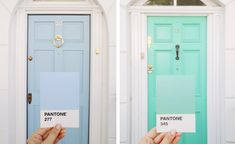 someone holding up a pair of cards in front of a door that says pantone