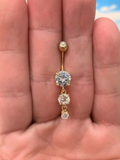 Golden dangly triple cz Belly ring..14G..10mm(B07G) Belly Ring Gold, Golden Belly Piercing, Gold Belly Piercing, Belly Piercings, Bellybutton Piercings, Belly Button Piercing Jewelry, Belly Piercing Jewelry, Button Piercing, Belly Bar