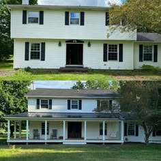 before and after shots of a white house with black shutters