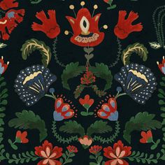 a black background with red, blue and green floral designs on it's sides