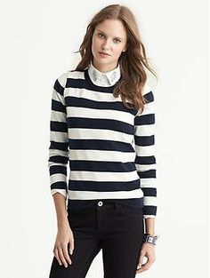 Sequin-Stripe Pullover Chic Striped Crew Neck Sweater, Chic Striped Hem Top For Fall, Fall Workwear Tops With Striped Hem, Striped Hem Tops For Fall Workwear, Striped Hem Tops For Workwear In Fall, Fall Crew Neck Top With Striped Collar, Chic Sweater With Striped Sleeves, Classic Striped Tops For Layering, Striped Sweater With Striped Cuffs For Work