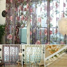 four different images of curtains with flowers on them