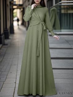 Lasaky - Polyester Color Block Bubble Sleeve Party Maxi Dress with Tie-Up Detail Islamic Clothing Women, Party Maxi Dress, Islamic Dress, Modest Dresses Casual, Muslim Dress, Stylish Party Dresses, Long Sleeve Casual Dress, Crewneck Dress, Islamic Fashion