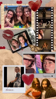 collage of photos with hearts and two women on the beach, one holding a cell phone