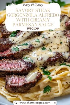 a plate of steak with cream sauce and parmesan cheese on top is shown