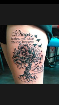 a woman's thigh with a tree and birds on it, saying wings to show you what you can become