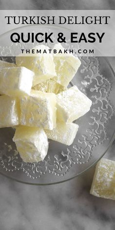 chunks of tofu on a glass plate with text overlay that reads turkish delight quick and easy