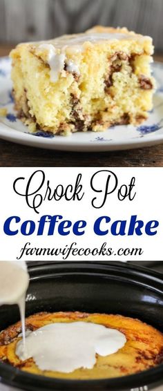 the crock pot coffee cake is ready to be eaten with milk being drizzled on top