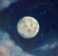 an oil painting of a full moon in the night sky with clouds and blue skies