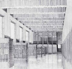 a drawing of an empty room with lots of books on the walls and shelves in it