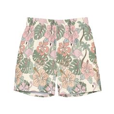 Men's tropical boho floral swim trunks.  Women's matching swimsuit is sold in a separate listing.   https://www.etsy.com/listing/1462890833/womens-tropical-boho-flowers-bikini?click_key=7c99997ab3e8360cdb4319582e9fe8e172db7992%3A1462890833&click_sum=b211716b&ref=shop_home_active_1&frs=1  These swim trunks have everything you need for a hot summer day--they're quick-drying and breathable, have multiple pockets for your belongings, and feature a silky, anti-chafe inner liner. Get yours now! * Fabric composition: (may vary by 5%) 91% recycled polyester, 9% spandex * Liner composition: 92% polyester, 8% spandex * Fabric weight (may vary by 5 5.13 oz/yd² (174 g/m²)  * Four-way stretch water-repellent microfiber fabric * Anti-chafe mesh inner liner * Elastic waistband with drawcord * Mesh pocket Summer Swimwear With Tropical Print, Tropical Print Short Swimwear For Summer, Pink Shorts For Beach Party In Summer, Pink Shorts For Summer Beach Party, Tropical Print Swim Trunks For Summer Beach, Summer Beach Swim Trunks With Tropical Print, Tropical Swim Trunks For Spring Vacation, Pink Swim Trunks For Beach Vacation, Tropical Swim Trunks For Vacation In Spring