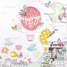 an image of a card with hot air balloons in the sky and butterflies on it