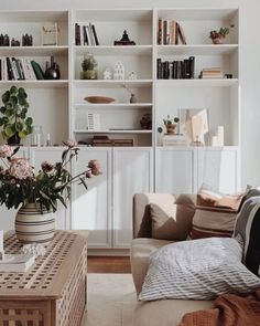 a living room filled with furniture and bookshelves next to a window covered in plants