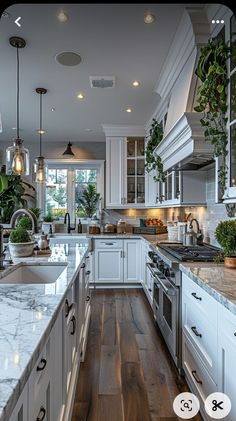 a kitchen with white cabinets and marble counter tops is shown in this image, there are plants on the island