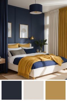 a bedroom with blue walls and yellow curtains