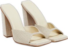 Elegant Slides With Padded Block Heel, Chic Formal Slides With Sculpted Heel, Chic Square Toe Formal Slides, Spring Formal Slides With Sculpted Heel, Formal Slides With Sculpted Heel For Spring, Luxury Almond Toe Mules For Summer, Chic Formal High Heel Slides, Formal Summer Slides With Block Heel, Chic High Heel Slides For Formal Occasions