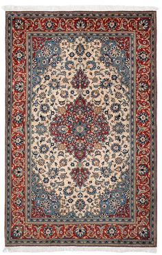 BEATRICE Vintage Persian Isfahan 204x137cm Persian Furniture, Persian Interior Design, Red Persian Rug, Antique Persian Carpet, Rug Weaving, Folk Art Flowers, Cream Base