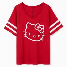 Product Details Featuring Everybody's Favorite Cat, This Hello Kitty Top Is Purr-Fection. Soft Knit Fabric V-Neck Short Sleeves; Varsity Stripes Hello Kitty Graphic On Front Content + Care Cotton/Polyester Wash Cold; Dry Low Imported Plus Size Tops Size + Fit Size 2 Measures 30” From Shoulder Measurements In Photos Cute Red V-neck Top, Hello Kitty Short Sleeve Top, Red Hello Kitty Cotton T-shirt, Red Cotton Hello Kitty T-shirt, Casual Red T-shirt With Hello Kitty Print, Red Cotton T-shirt With Hello Kitty Print, Red Hello Kitty Print Crew Neck Top, Red Hello Kitty Short Sleeve Tops, Red Crew Neck Top With Hello Kitty Print